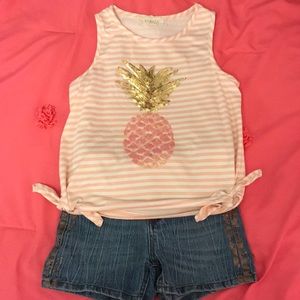Pineapple tank with gold sequins & denim shorts